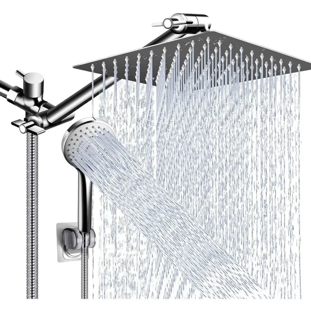 Shower Head Combo,10 Inch High Pressure Rain Shower Head with 11 Inch Adjustable Extension Arm and 5 Settings Handheld Long Hose