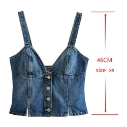 Suninheart Strap V-neck Single Breasted Denim Short Vest Top 2025