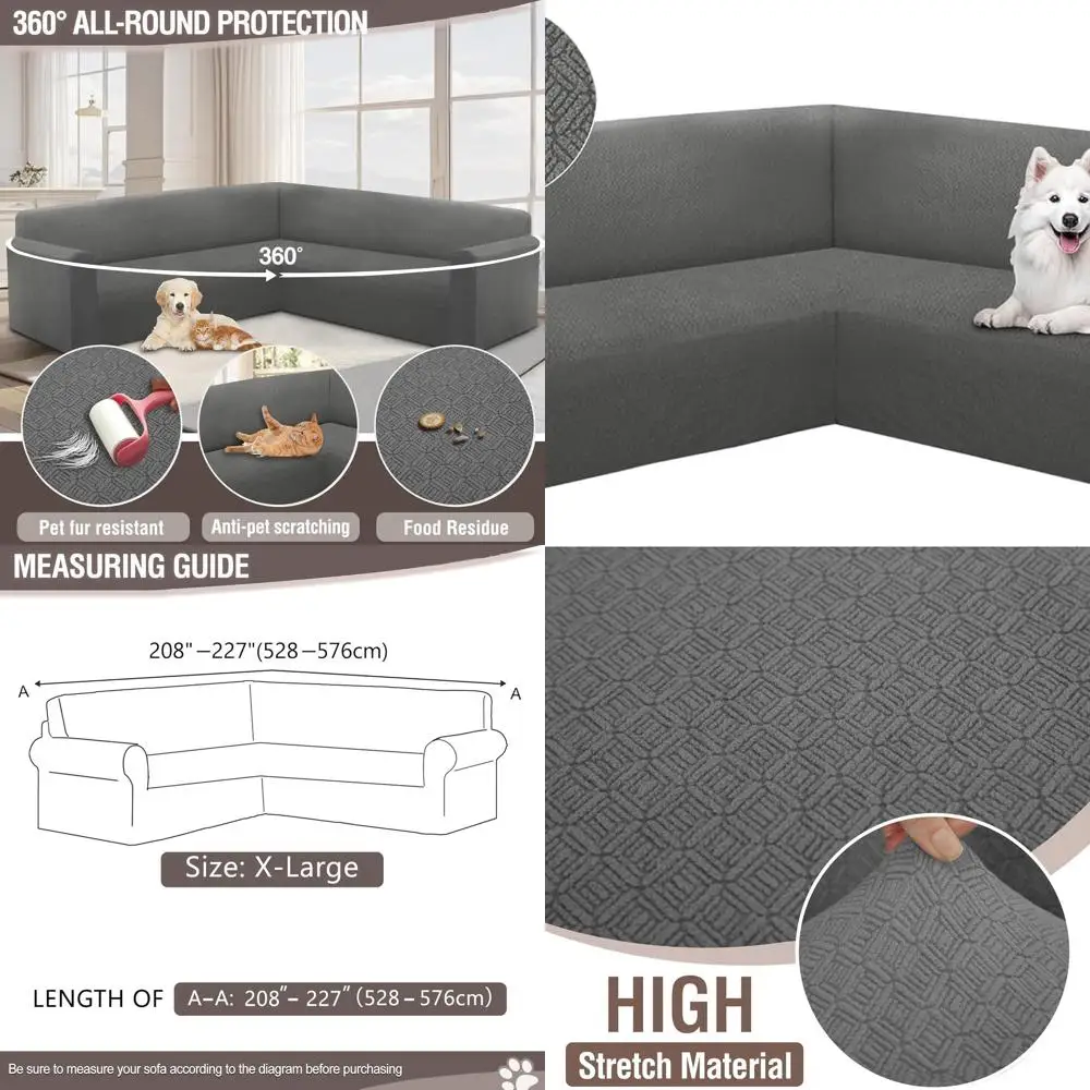 L字型ストレッチソファカバー、セクショナルソファ用、洗えるジャカード、滑り止め、ペット対応、ダークグレー、特大サイズ