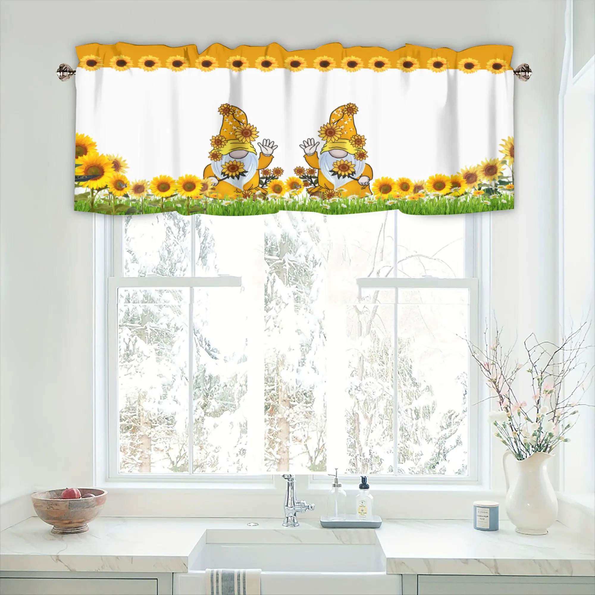 2 Piece set Valance Curtain for Kitchen-Sunflower Decorations for Living Room -Sunflower Gnome Decor Rod Pocket Valances