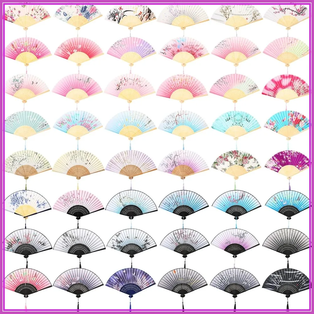 

48 Pieces Folding Hand Fans for Line Dancing, Chinese Bamboo Silk Fabric Fans for Wedding Party Decorations