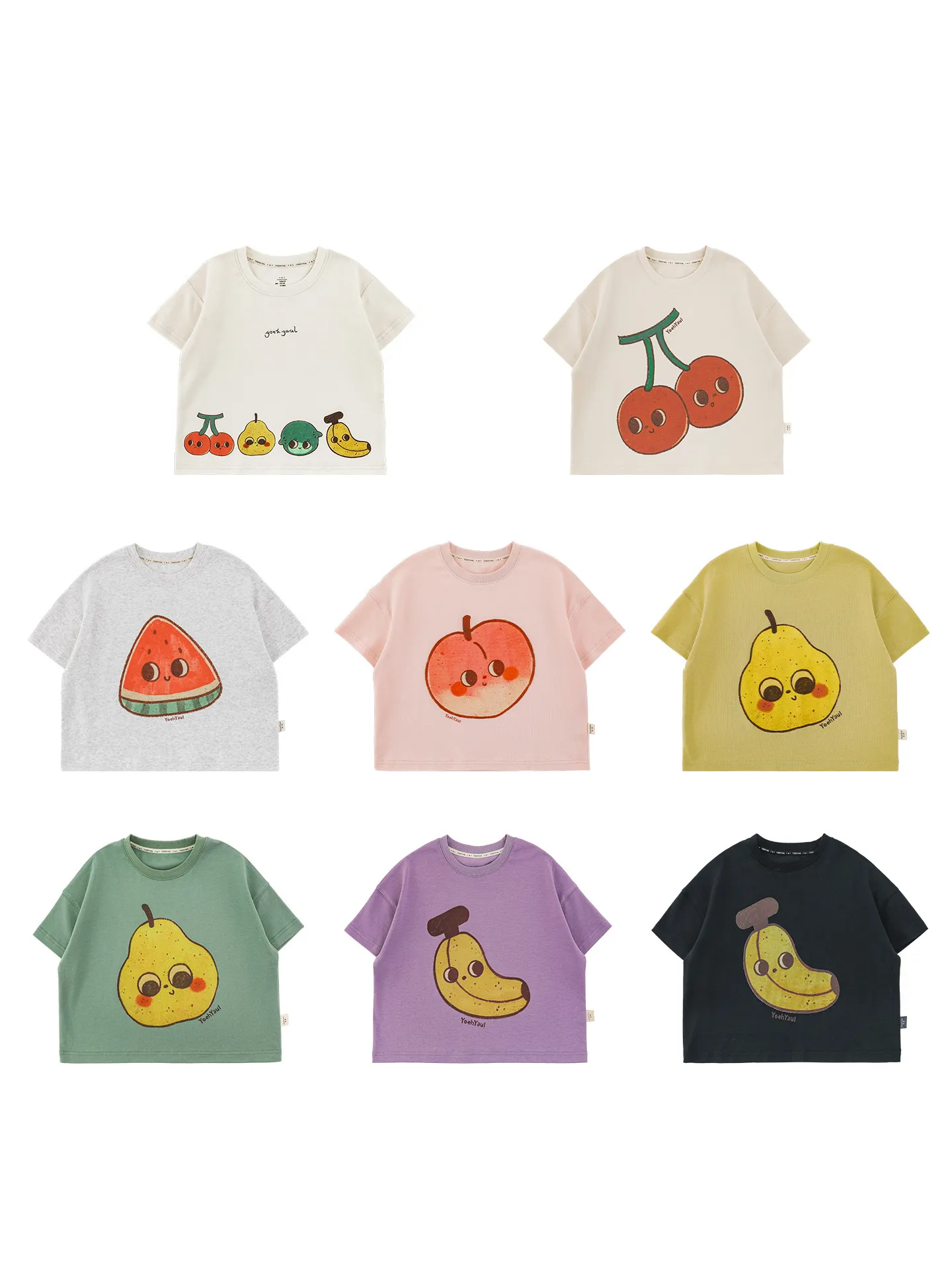 2026 New Summer Girls Multi Color Cartoon Crew Neck Fruit Print T-Shirt Loose Breathable Antibacterial Kids Tops