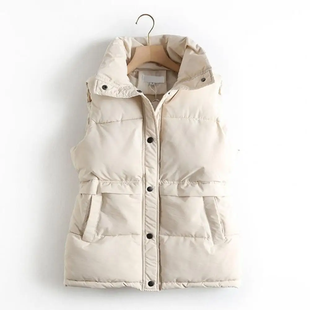 

Women Winter Coat Padded Solid Color Thick Warm Soft Single-breasted Lapel Sleeveless Cardigan Windproof Pockets Waistoat