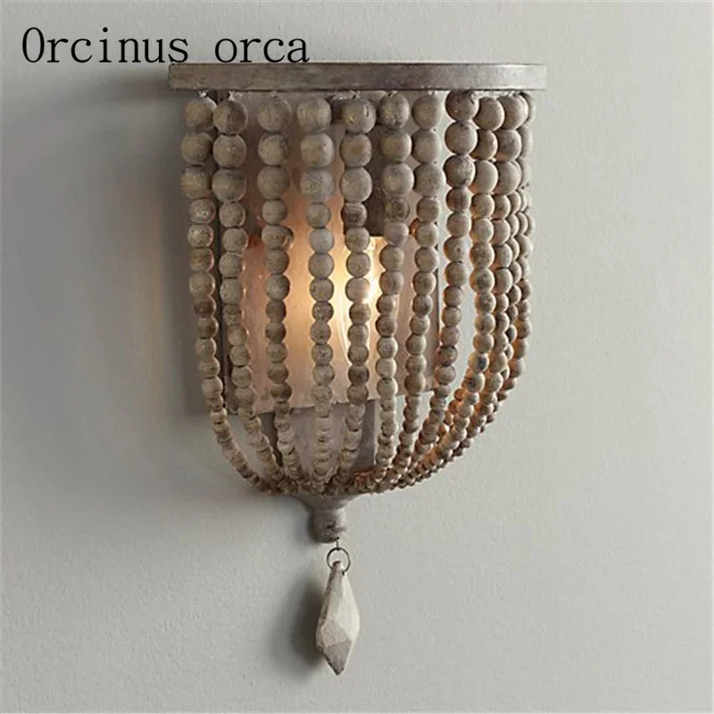 

French retro crystal wall lamp living room corridor Princess Room children's room bedroom bedside wooden beads wall lamp