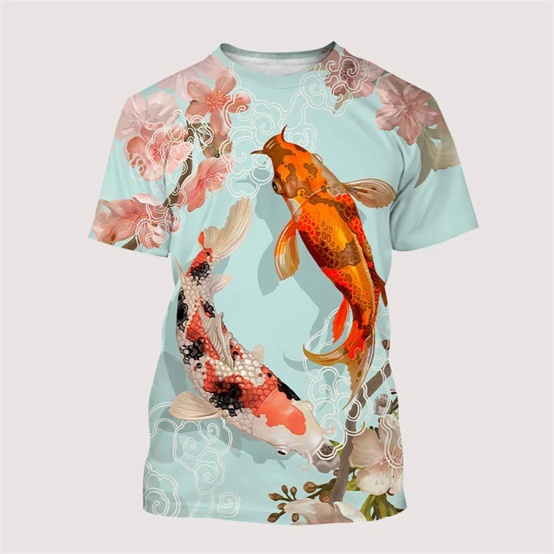 Koi Fish Lucky Fish Pattern T-Shirt For Men Women Animal 3D Printed Tees Summer Casual Short Sleeves Loose T Shirts O-Neck Tops