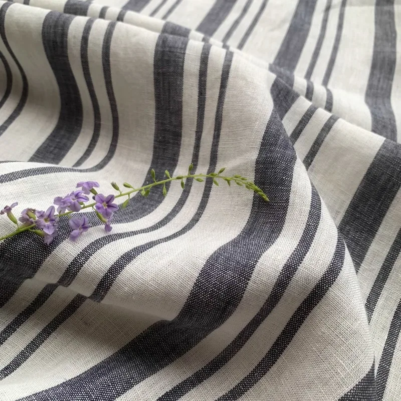 

Flower Gray White Woven Stripe Pure Linen Fabric Brand Custom High End Spring Summer Suit Pants Dress Clothing Tailoring Fabric