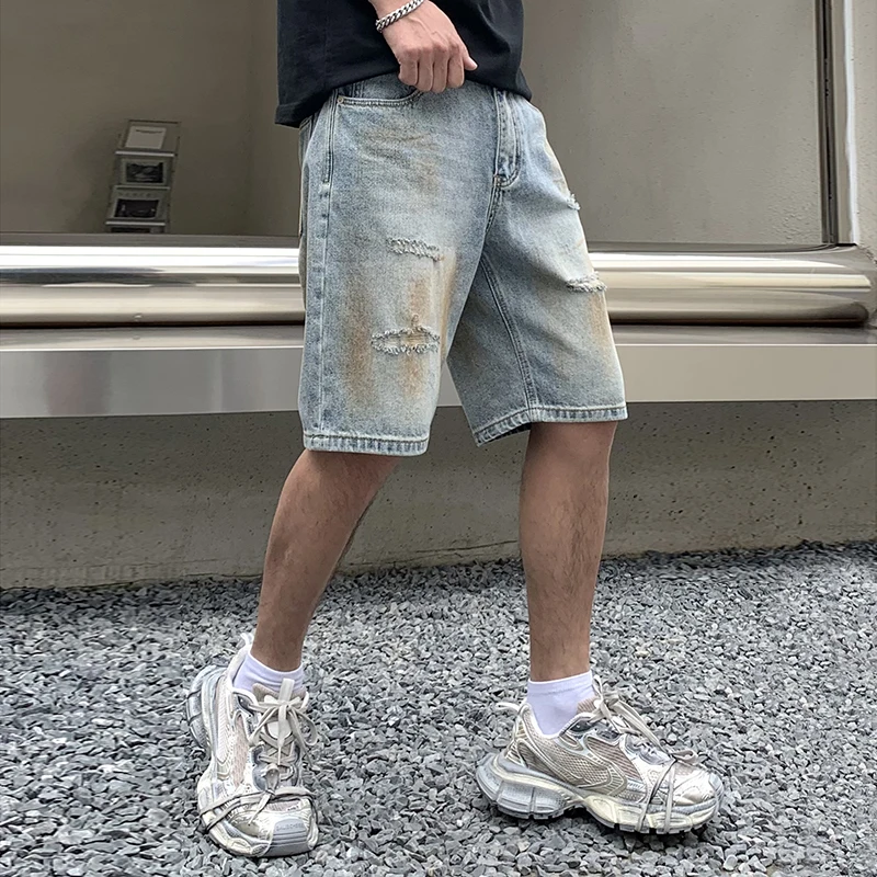 Trend ige lässige Sommer dünn geschnittene Distressed Denim Shorts Herren trend ige Marke lose gerade Bein Mode vielseitige Capri hose