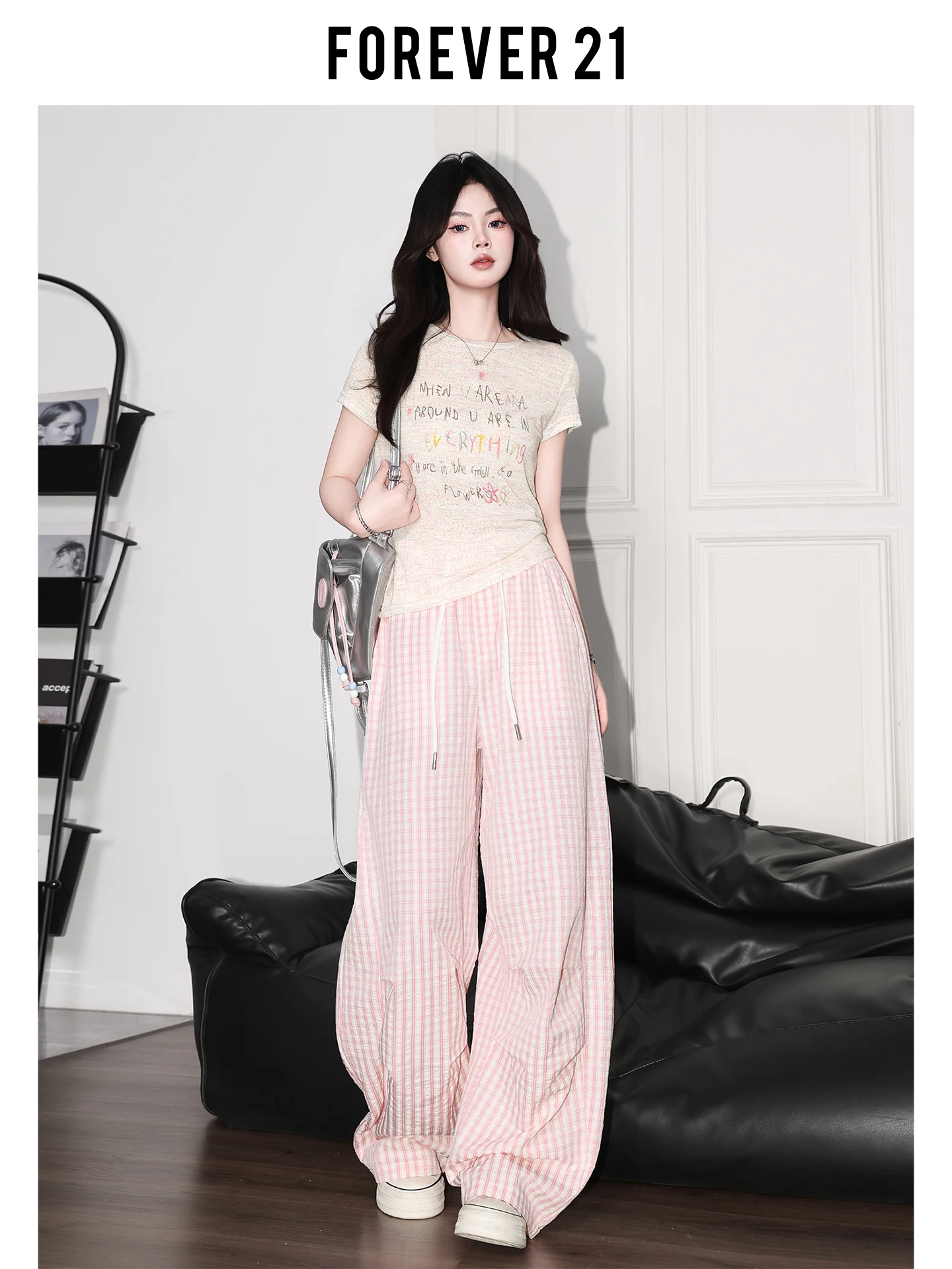 Pantalones de cintura alta y pierna ancha para mujer, pantalones informales holgados y drapeados a cuadros de verano, pantalones informales de pierna recta de estilo americano Forever 21