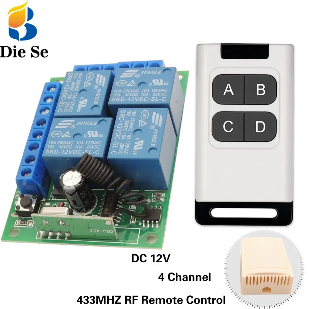 

433Mhz RF Wireless Home Appliance Switch DC 12V Receiver 4 Channel 10A Relay Controller and Transmitter for Gate Door Opener