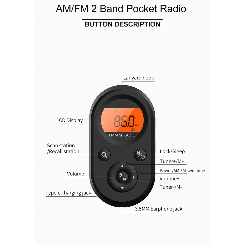 Mini Radio FM/AM portátil de bolsillo, receptor de Radio recargable de 76-108MHZ con pantalla LCD, diseño de cordón de retroiluminación