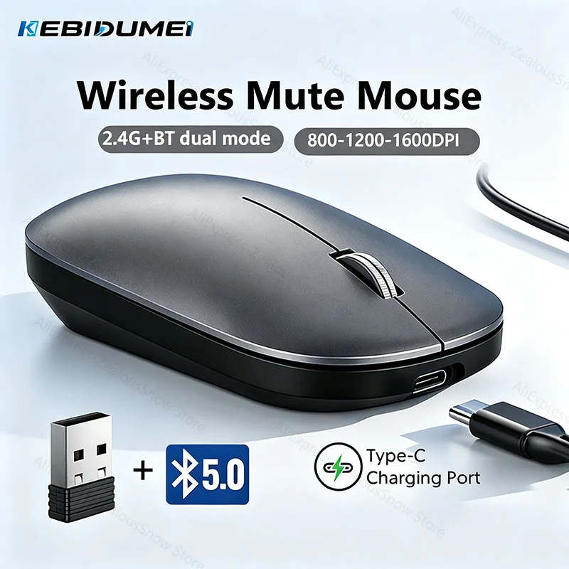    Mouse Bluetooth Sem Fio KEBIDUMEI 2.4G, Modo Duplo, Carregamento Tipo-C, Silencioso, Ergonômico, Portátil, 1600DPI, Mouse para Escritório e Jogos