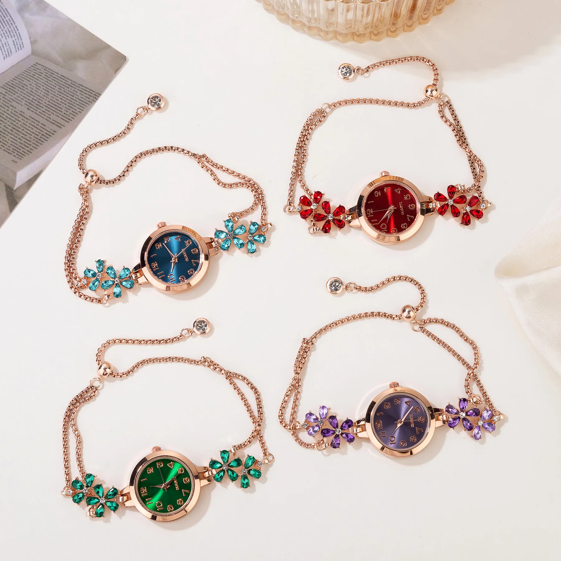 

Модные женские кварцевые наручные часы с цветком премиум-класса, водонепроницаемые, изысканные, роскошные, фиолетовые, с лепестками кристаллов, женские часы, подарок