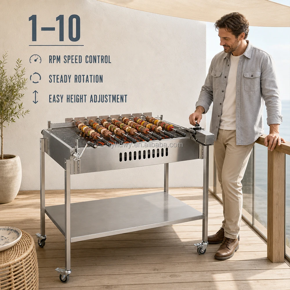 Cyprus Grill With Wheels Built-in Portable Foukou Automatic Chain Driven System Stainless Steel Charcoal Barbecue Grill