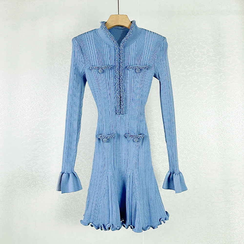 Beaded Decoration Wooden Ear Side V-neck Women's Dress, Temperament Elegant Commuter Slim Long Sleeve Dress 2026 Spring New Y2k