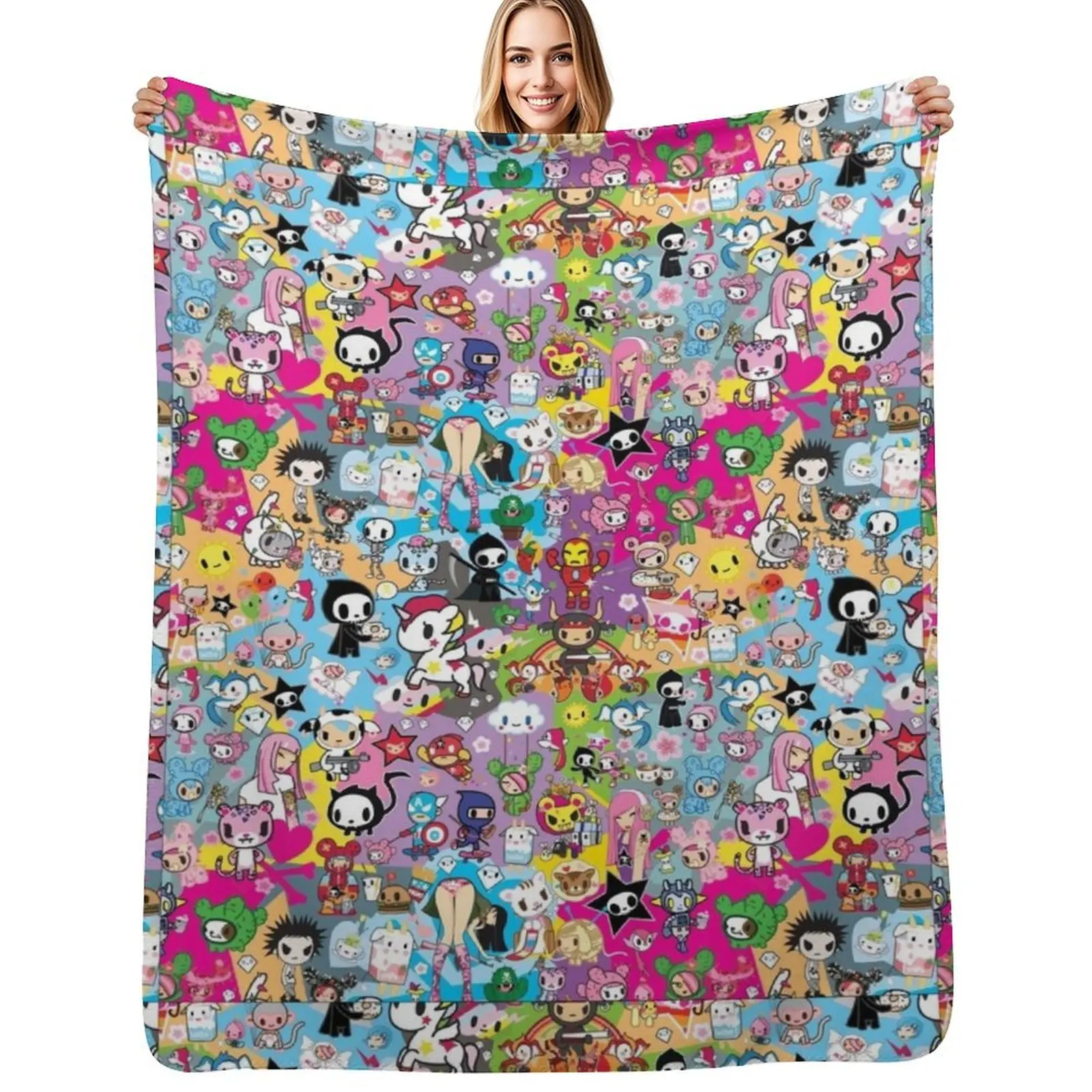 

donutella and his friends unicorns mofia collaboration cartoonss,anime Chibi Throw Blanket Birthday gift for grandma
