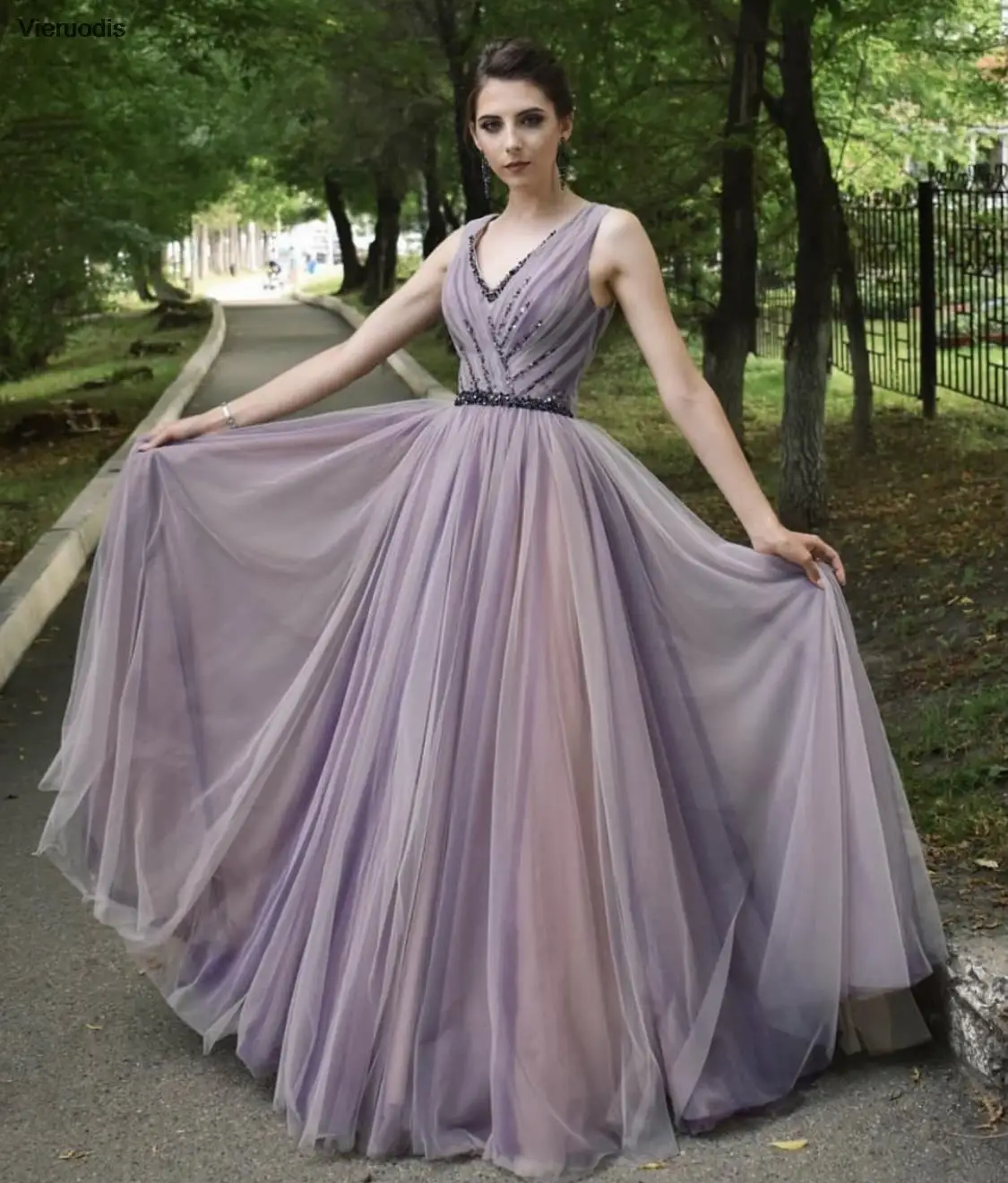 

Lavender Evening Dress A-Line V-Neck Tank Backless Beads Sashes Pleat Lace-Up Floor Length Party Prom Gown Custom Made 2022