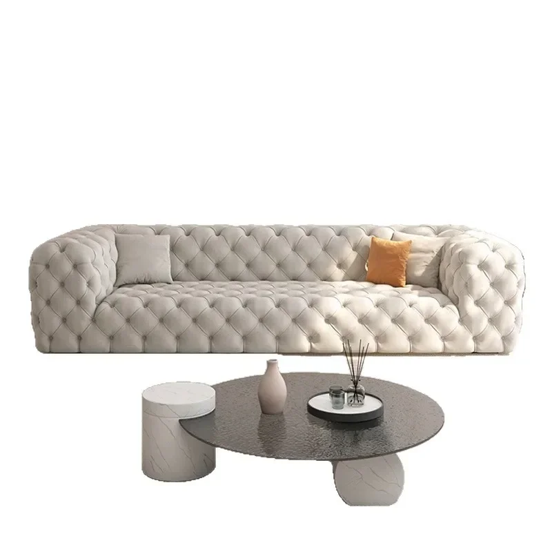

American modern light luxury surface pull-up sofa, living room fleece cream Internet celebrity straight sofa