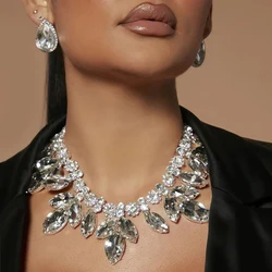 XSBODY Stylish Necklace Earrings Set Water Drop Luxury Dubai Jewelry Sparkly Geometric Rhinestone Bridal Jewelry Set for Wedding