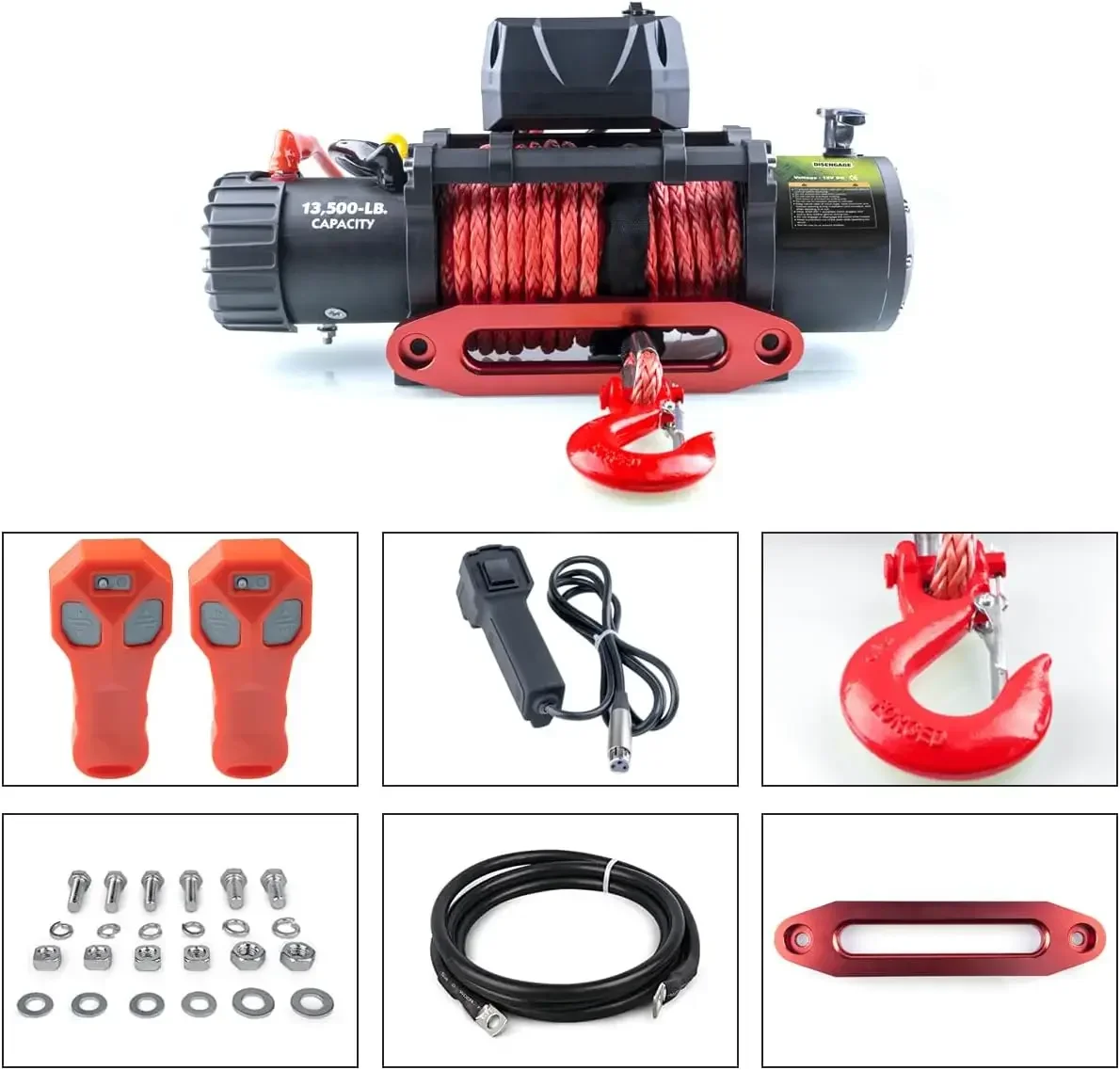 WINCH 13500lb Waterproof Electric Red Synthetic Rope Winch with Hawse Fairlead, Wired Handle