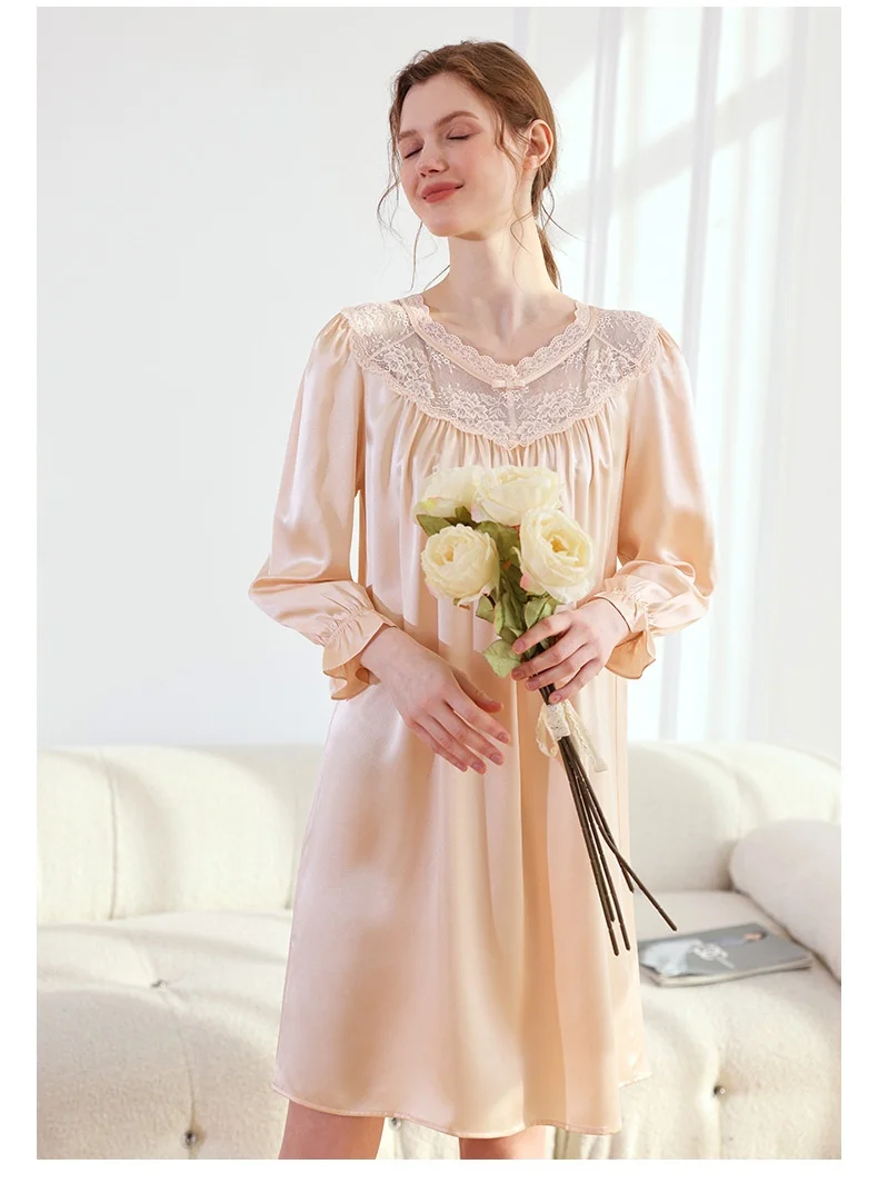 

Plus Size 100% Mulberry Silk Satin Women Nightgown Long Sleeve Sleepwear Lace Neck Nightdress Female Silk Homewear Pajama Dress