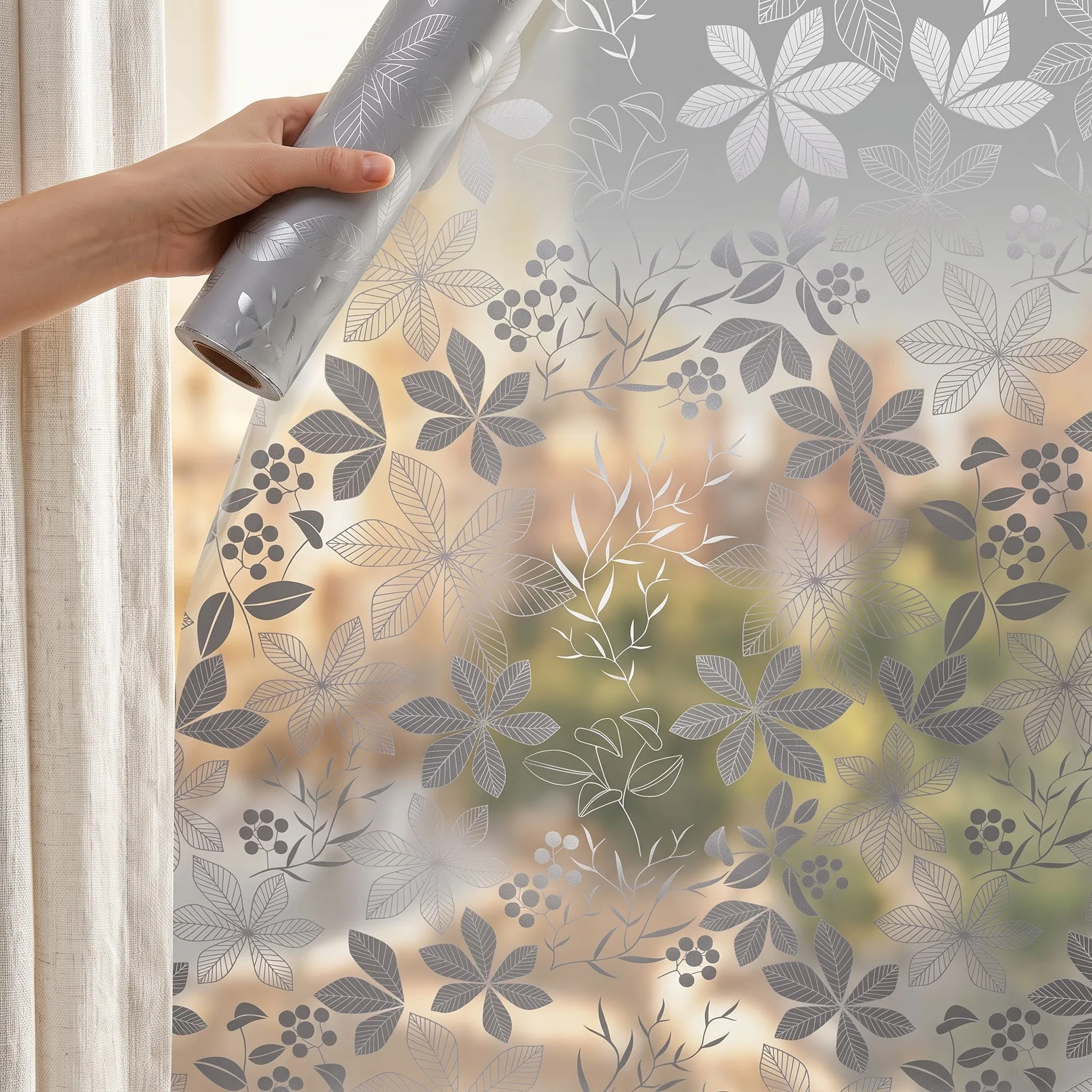 Static Cling No Glue Frosted Window Film Nordic Botanical Leaf Berry Privacy Glass Film, Natural Rustic Decor for Bathroom Bedro