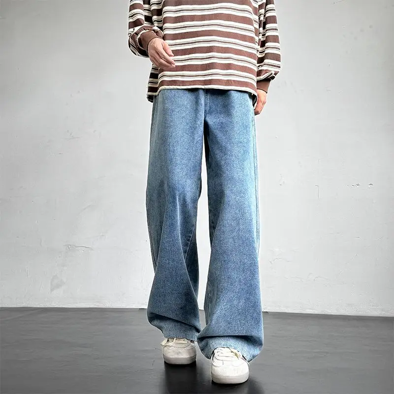 

Men's Plus Size Fashionable Wide Leg Straight Leg Jeans, Spring And Autumn Styles, Floor Length Solid Color Loose Casual Pants