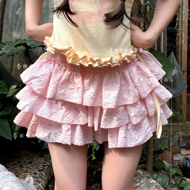 Women Lolita Mini Skirt Y2K Sweet Ruffles High Waist Female Ball Gown All Match Kawaii Patchwork Solid Ladies Dance Skirt