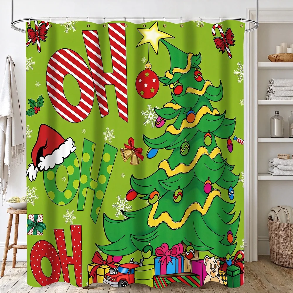 Christmas Shower Curtain, Winter Holiday Farm Snowman Santa Claus Christmas Tree Farmhouse Christmas Balls Bathroom Curtain