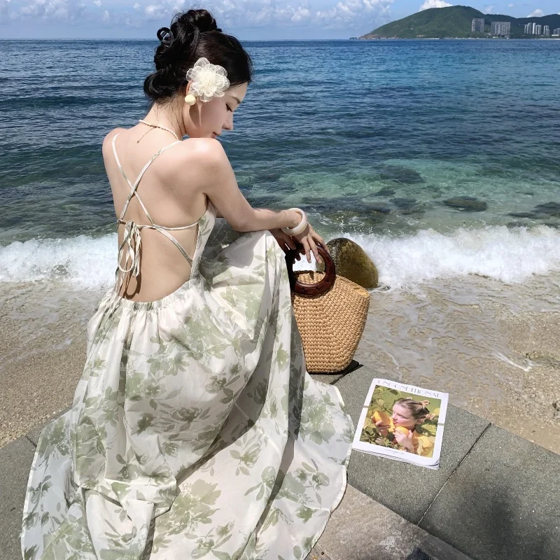 ボヘミアンフローラルサマードレスカジュアルホリデーサンドレス女性ビーチドレスセクシークロスレースアップバックレスドレス2025新作N821