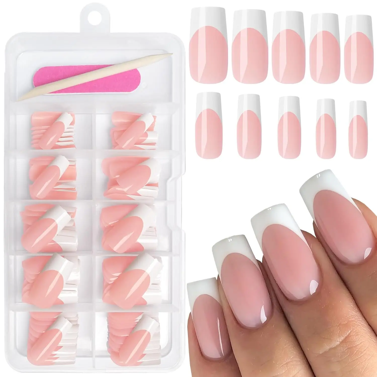

120pcs White French Tip Press On Nails Medium Square Fake Nails with Adhesive Tabs for Women Girls