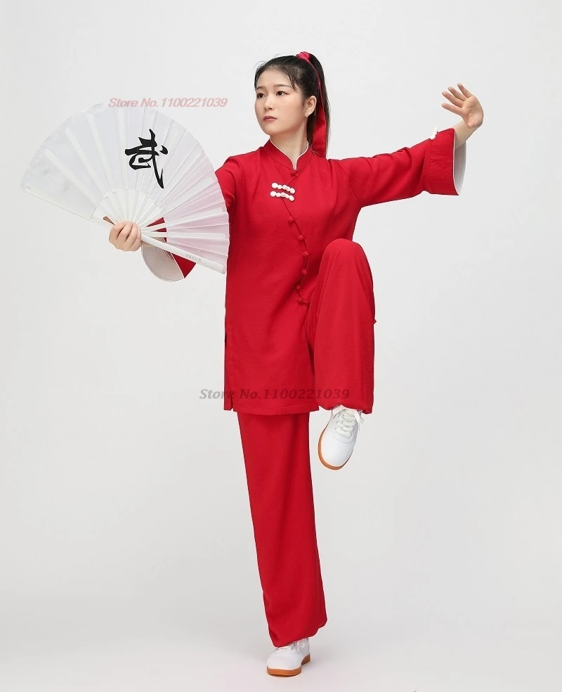 2024 chinese kung fu tai chi performance clothes tops+pants set martial arts tai chi cotton linen training team performance set