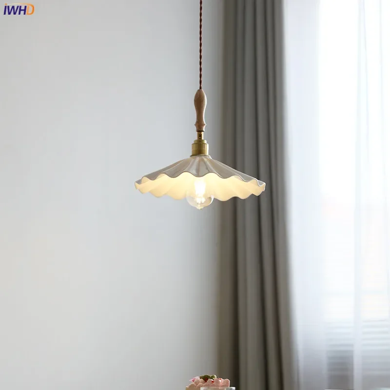 Big Ceramic LED Pendant Lights, House Decor, Quarto, Living, Sala de jantar, Madeira, Soquete de cobre Suspenso Lâmpada, 30cm