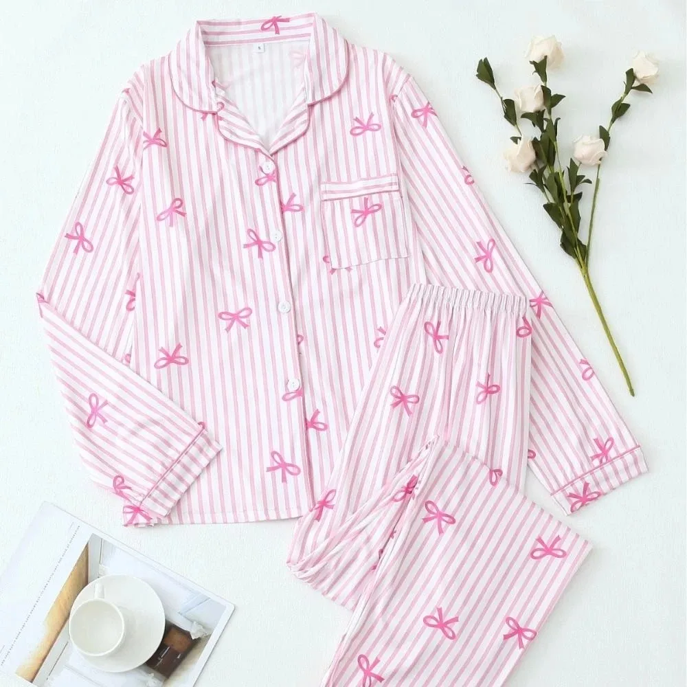 

Ins пижамный комплект в полоску с бантом, повседневный милый пижамный костюм в корейском стиле, домашняя одежда, свободная женская ночная рубашка из двух предметов