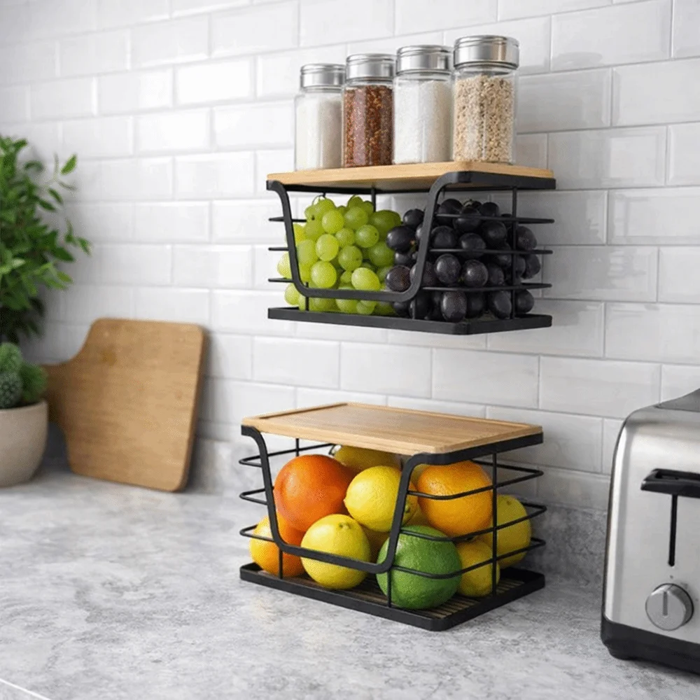 

2 Pieces Carbon Steel Trash Bag Holder with Bamboo Top Black Garbage Bag Dispenser Space Saving Laundry Organizers for Kitchen