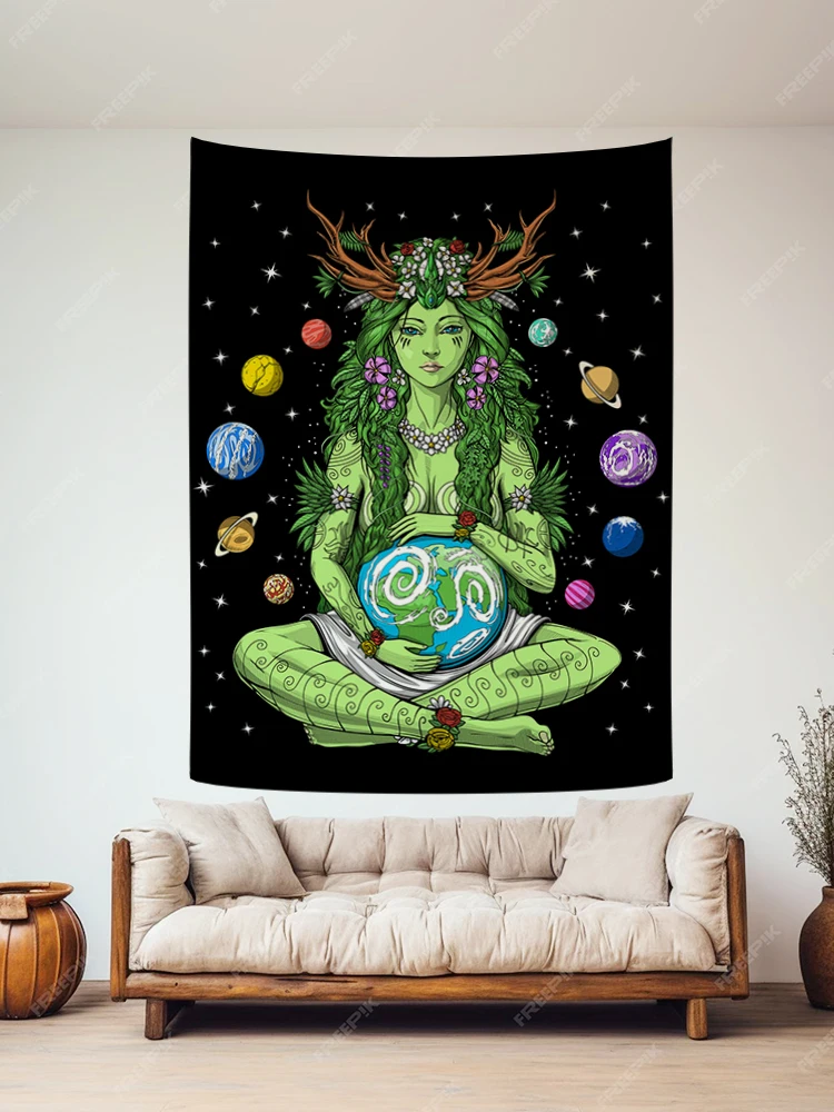 نسيج Gaia Mother Earth للتعليق على الحائط، نسيج فني آلهة الطبيعة، نسيج هيبي روحي لغرفة النوم المنزلية، ديكور النوم