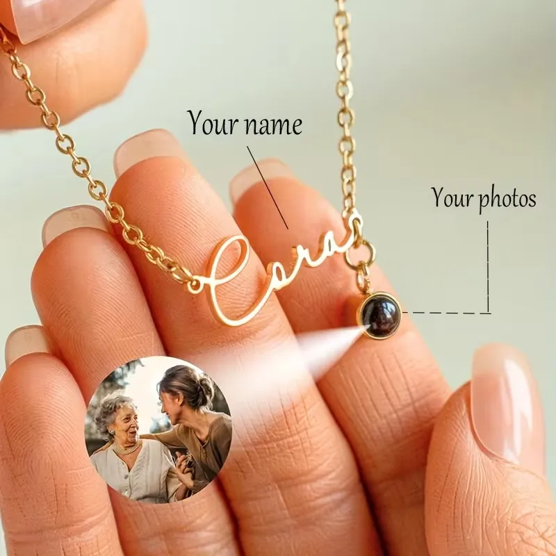 Collier personnalisé avec photo et nom, en acier inoxydable 304, pendentif à projection de nom personnalisé, bijoux pour couple, cadeau personnalisé