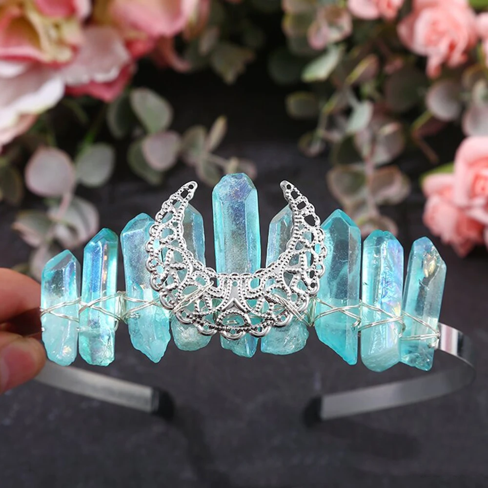 Luxury Natural Crystal Witch Crown Hair Accessories Silver Color Moon Tiara Bridal Headband Handmade Headwear Unique Jewelry New