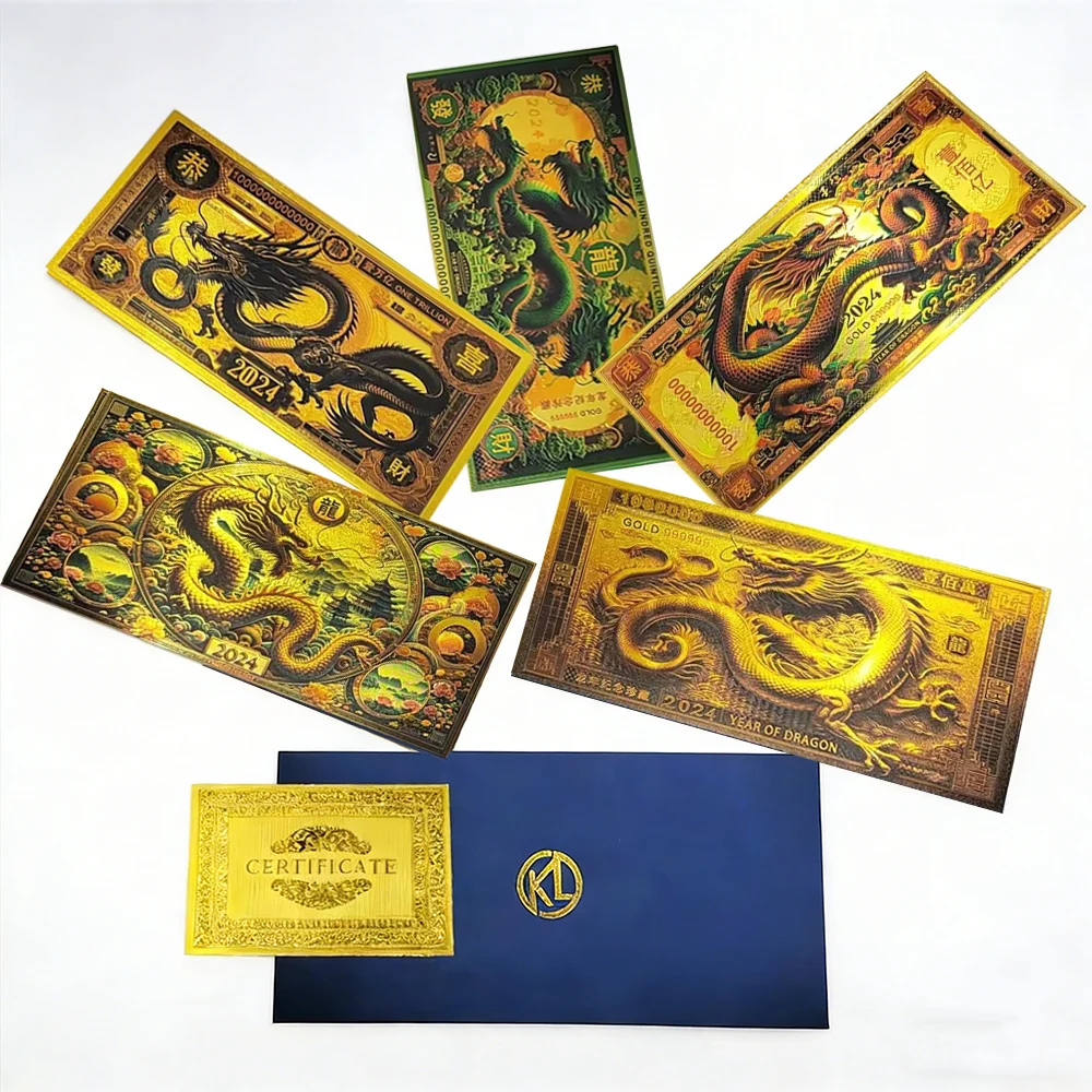 

5 Designs Chinese Traditional Image Culture Dragon 2024 Colorful Gold Foin Banknotes Commemorative Plastic Crafts For Collection