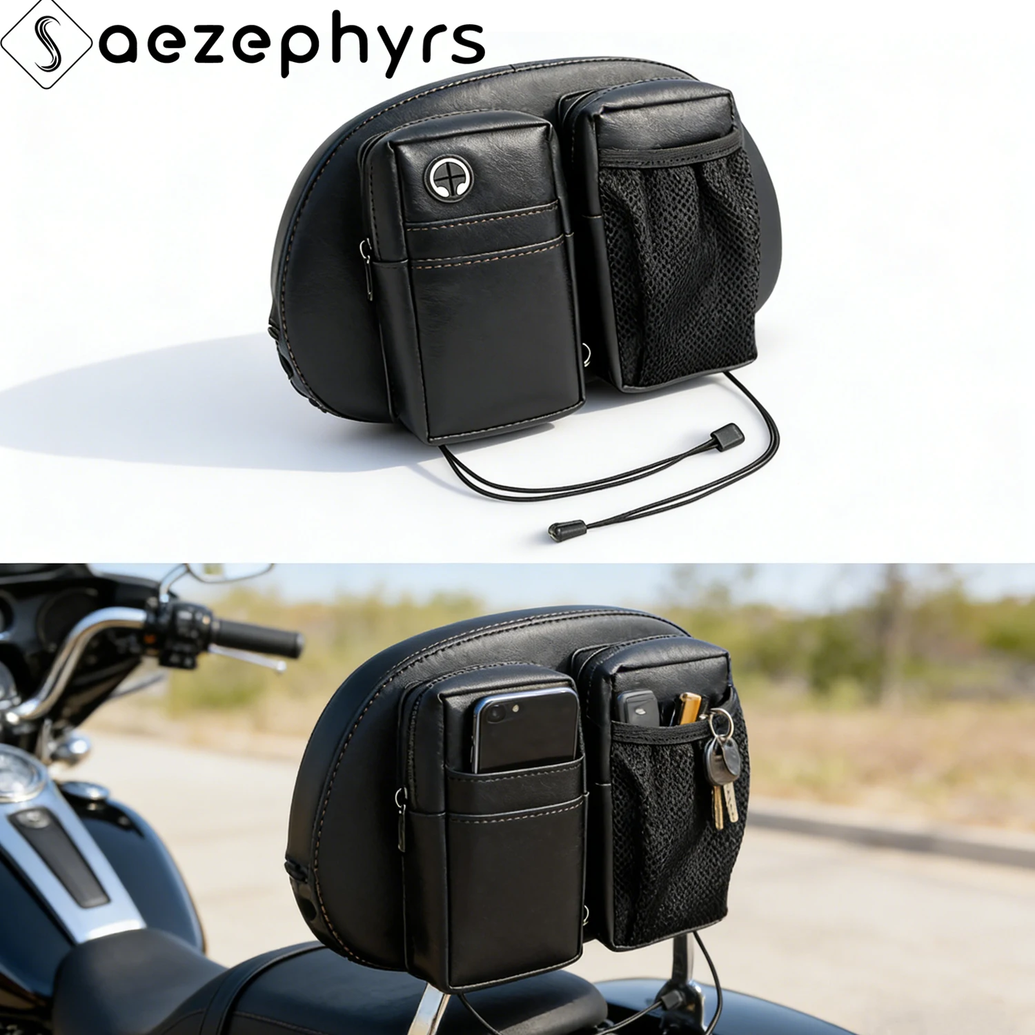 

Motorcycle Rider Backrest Organizer Storage Pocket with Headphone Port For Harley Touring Softail Sportster Dyna Fat Boy 2009-Up