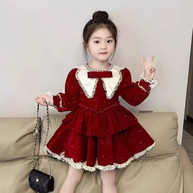 

Autumn and winter new children's velvet dress New Year's girls' red dress with velvet princess Lolita dress