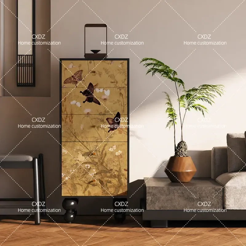 Song Style Aesthetics Classical Flowers Butterflies Solid Wood Chest of Drawers Entrance Storage Living Room Corner Household