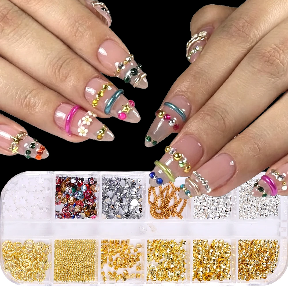 SWEET TREND-12 Grids Nail Art Chain Metallic Rivet Punk Nail Charm 3D Nail Decoration Mini Star Heart Accessories Nail Supplies