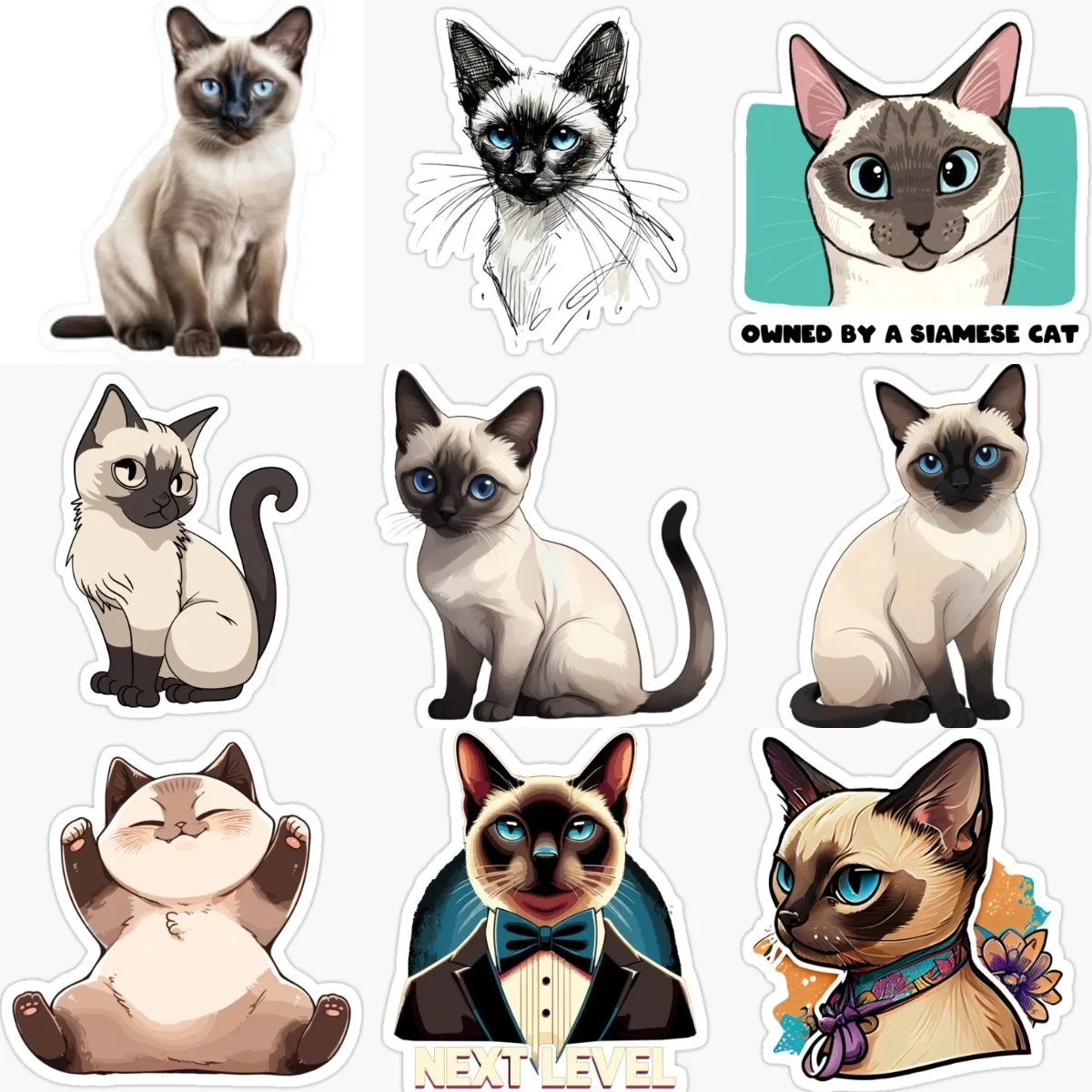 Cute Siamese Cat Pets Creative PVC Waterproof Sticker Fridge Table Door Wall Car Van Bicycle Window Bumper Decal