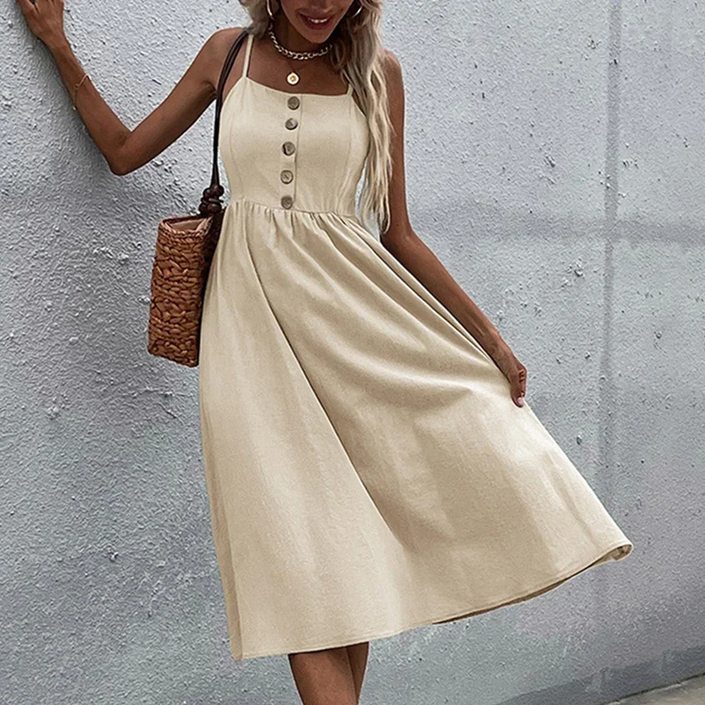 Women Summer Beach Style Dress Spaghetti Strap A Line Dress Ladies Casual Party Sling Dresses Solid Color Birthday Holiday Dress