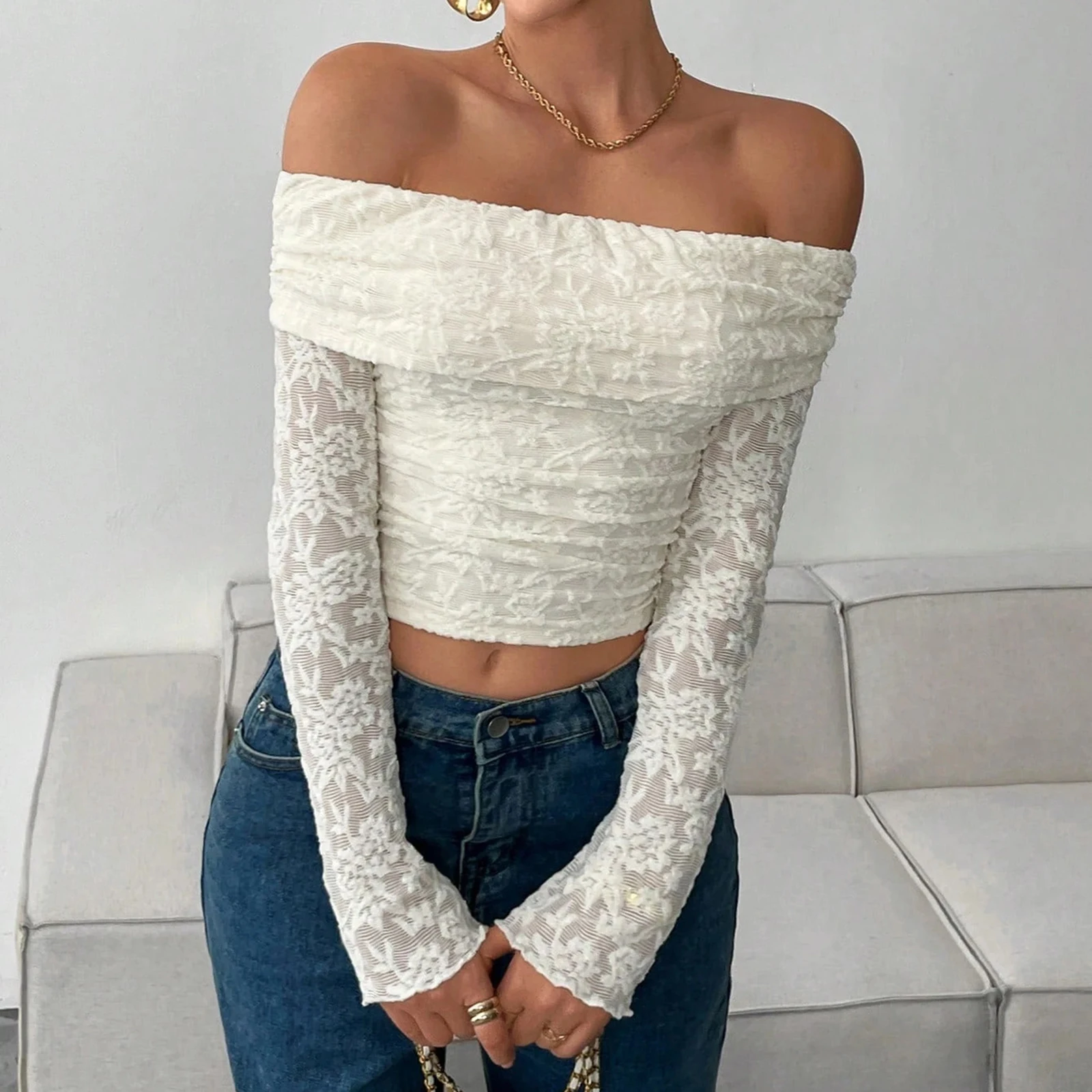 

Women Exquisite Off Shoulder Top Stylish Lace Design Long Sleeve Sexy Top Lady Party Casual Style Solid Color Slim Fit Top