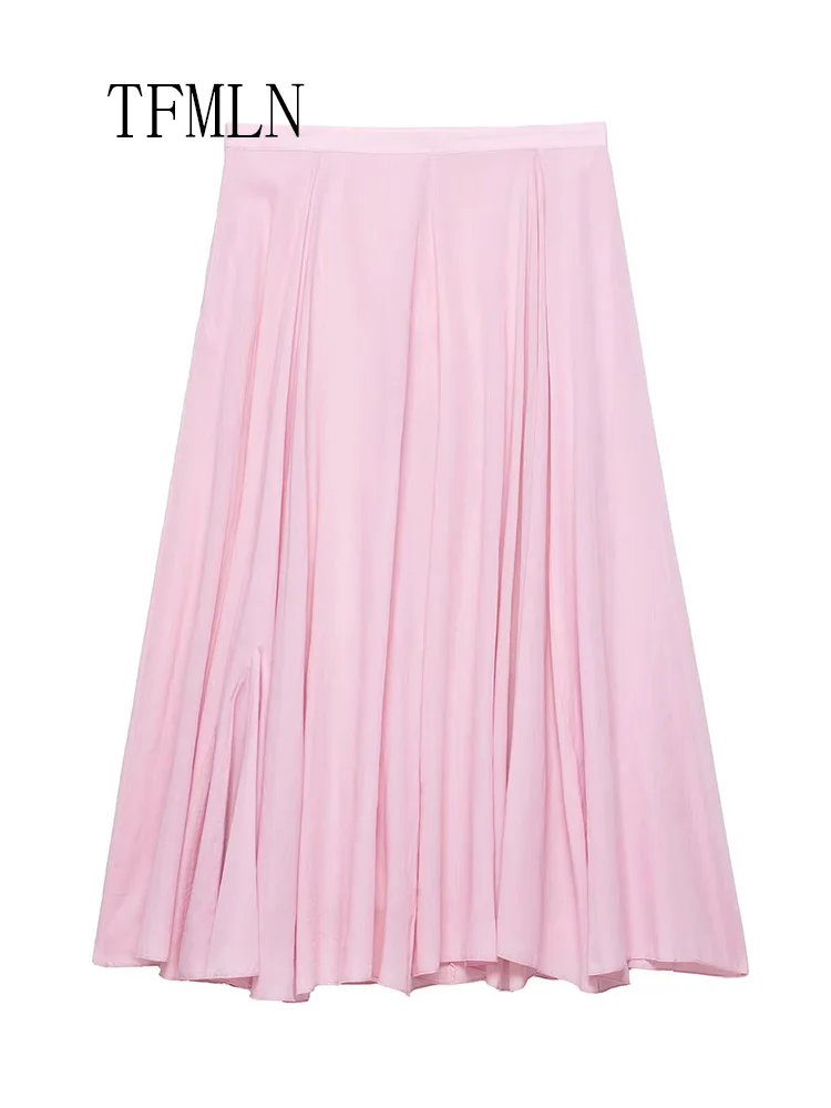 TFMLN 2025 Zomer Vrouwen Roze Geplooide Rokken Mode Causale Maat Rits Plooien A-lijn High Street Rokken Zoete Dames Party Rok