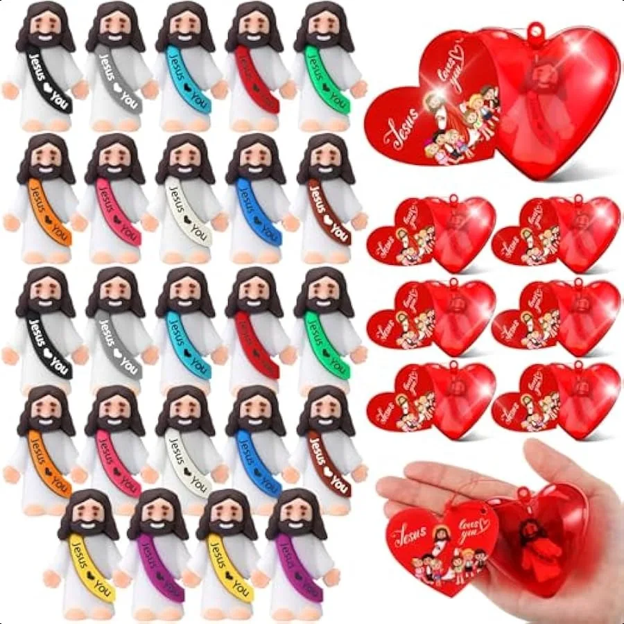 

Bememo 24 Pcs Easter Jesus Loves You Original Design Mini Rubber Jesus Toy Filled Heart Box with Cards and Heart Shaped Boxes f