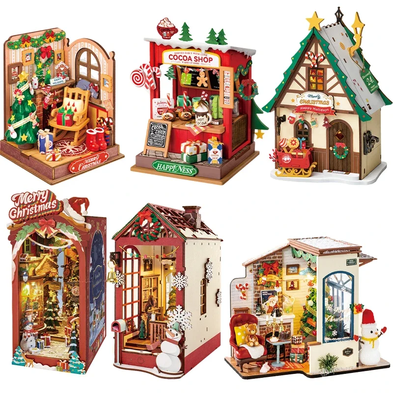 Anime Cartoon Kawaii DIY Handmade Cabin Christmas Series Mini Miniature Scene Assembled Small House Christmas Gift Peripherals