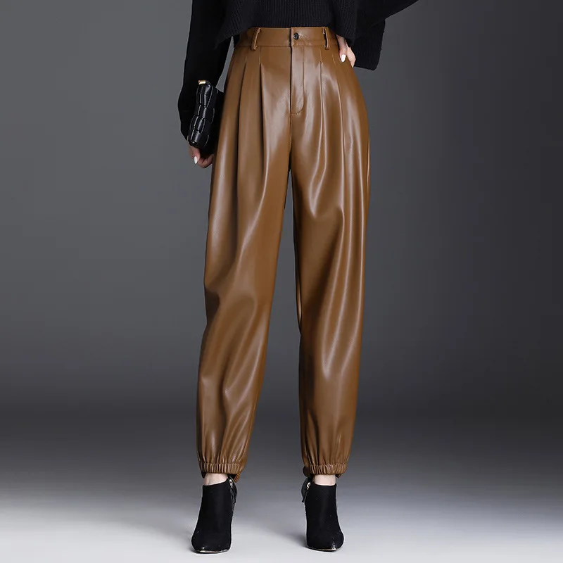 Autumn and Winter New Fashion Korean Version of Casual High-waisted Slim Radish Pants, Elastic-waisted Pu Leather Pants Women