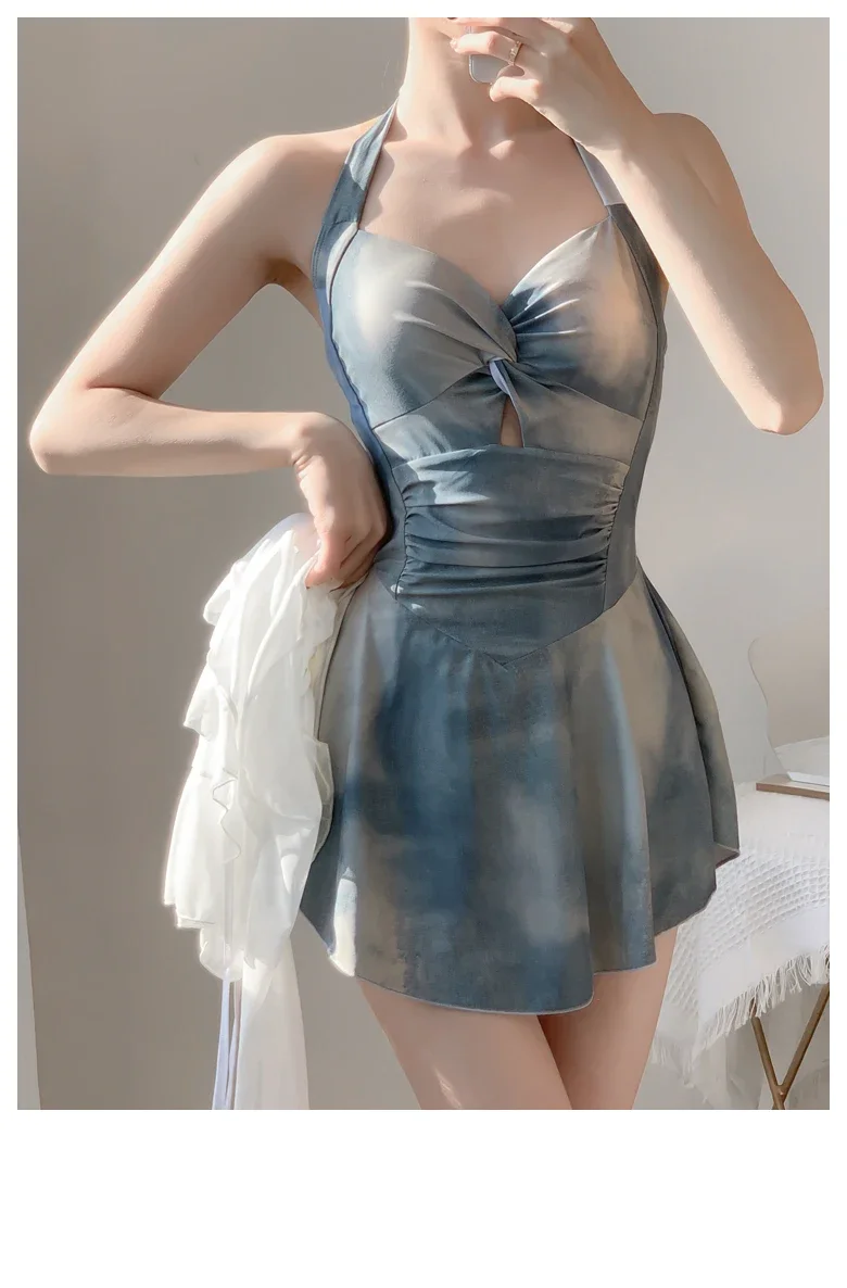 Tie-dye Blue Neck Dress One-piece Swimsuit Sexy V-neck Backless Vacation Seaside Swimwear Women Long Sleeve Sunscreen Shirt